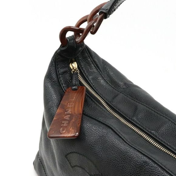 Chanel Wood Chain Shoulder Bag Shawl Caviar Skin Leather Black - Picture 7 of 9